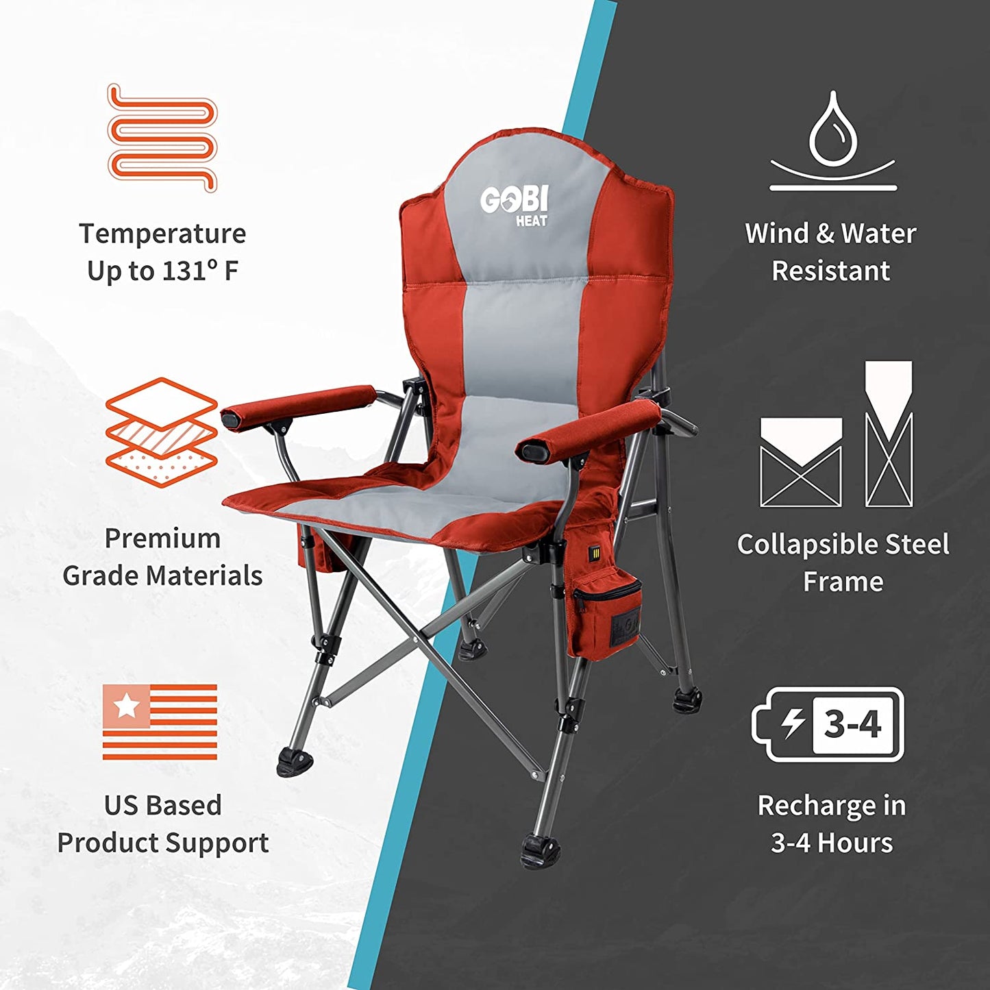 Terrain Heated Camping Chair - 9 Hrs of Heat | with Battery & Charging Cable | 3 Heat Settings (Flare)