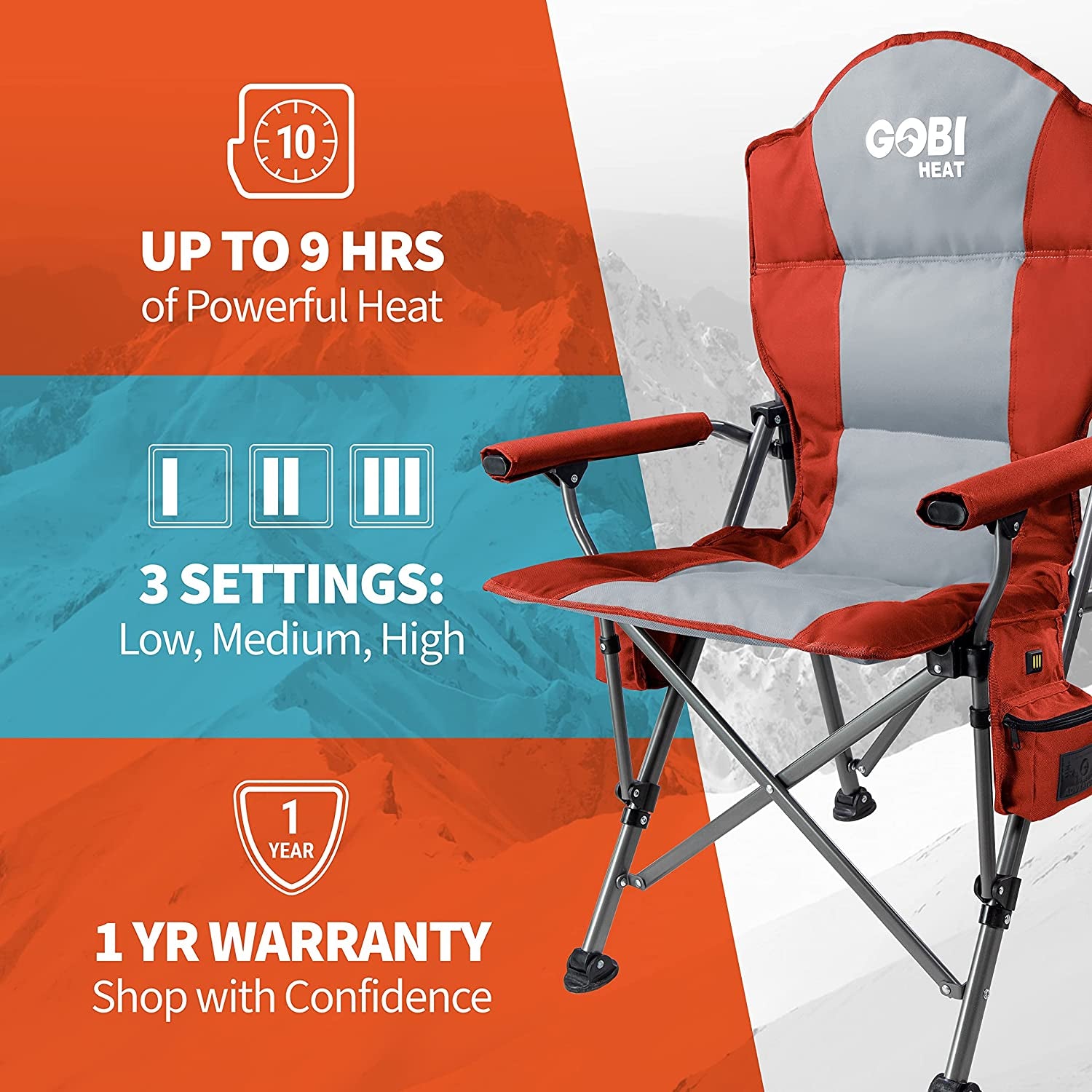 Terrain Heated Camping Chair - 9 Hrs of Heat | with Battery & Charging Cable | 3 Heat Settings (Flare)